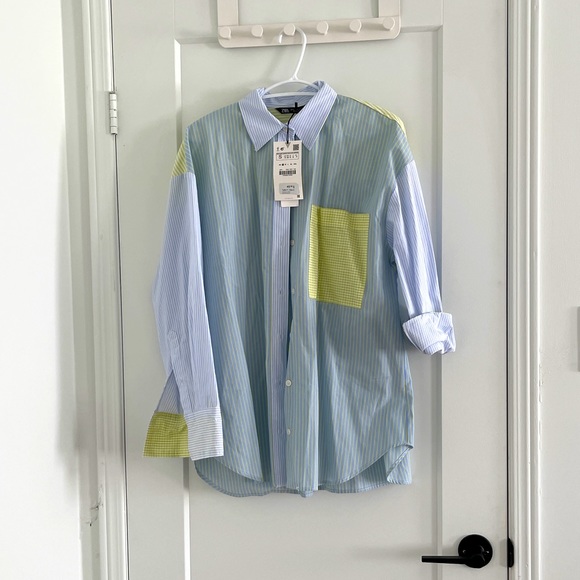 Zara Blue and Green Striped Button Down Shirt - Picture 1 of 5